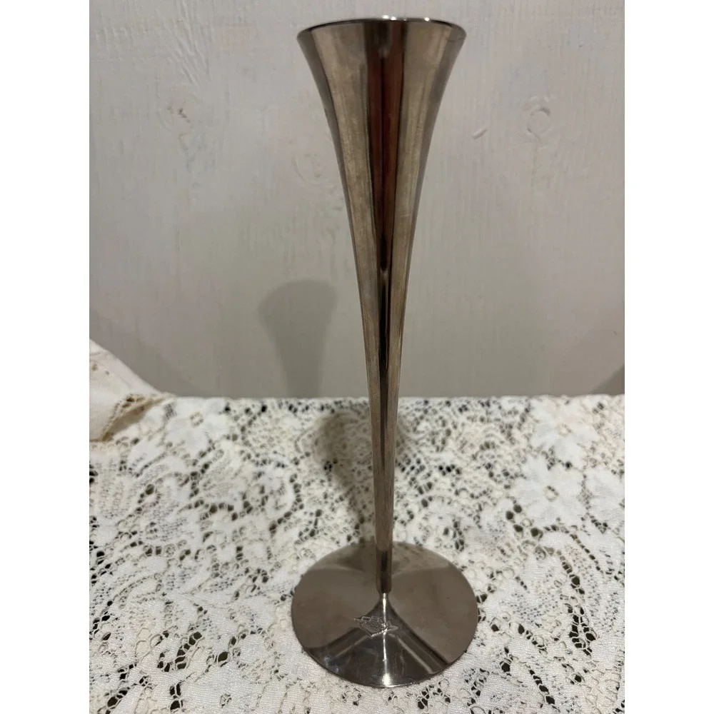 Vintage Silver Tone Trumpet Bud Vase Mid Century Modern Flared Metal 8.5 Inch